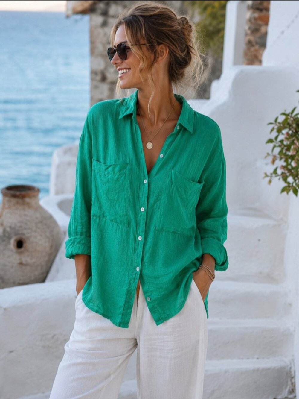 Cynthia Rowley 100% Linen Button Up Shirt Top XL Kelly Green Relaxed Coastal
